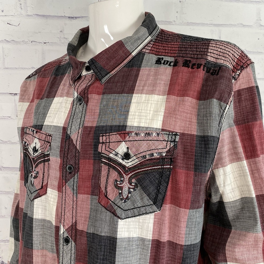 Rock Revival Shirt Men's Size 3XL SLIM Long Sleeve Pearl Snap Plaid Embroidered